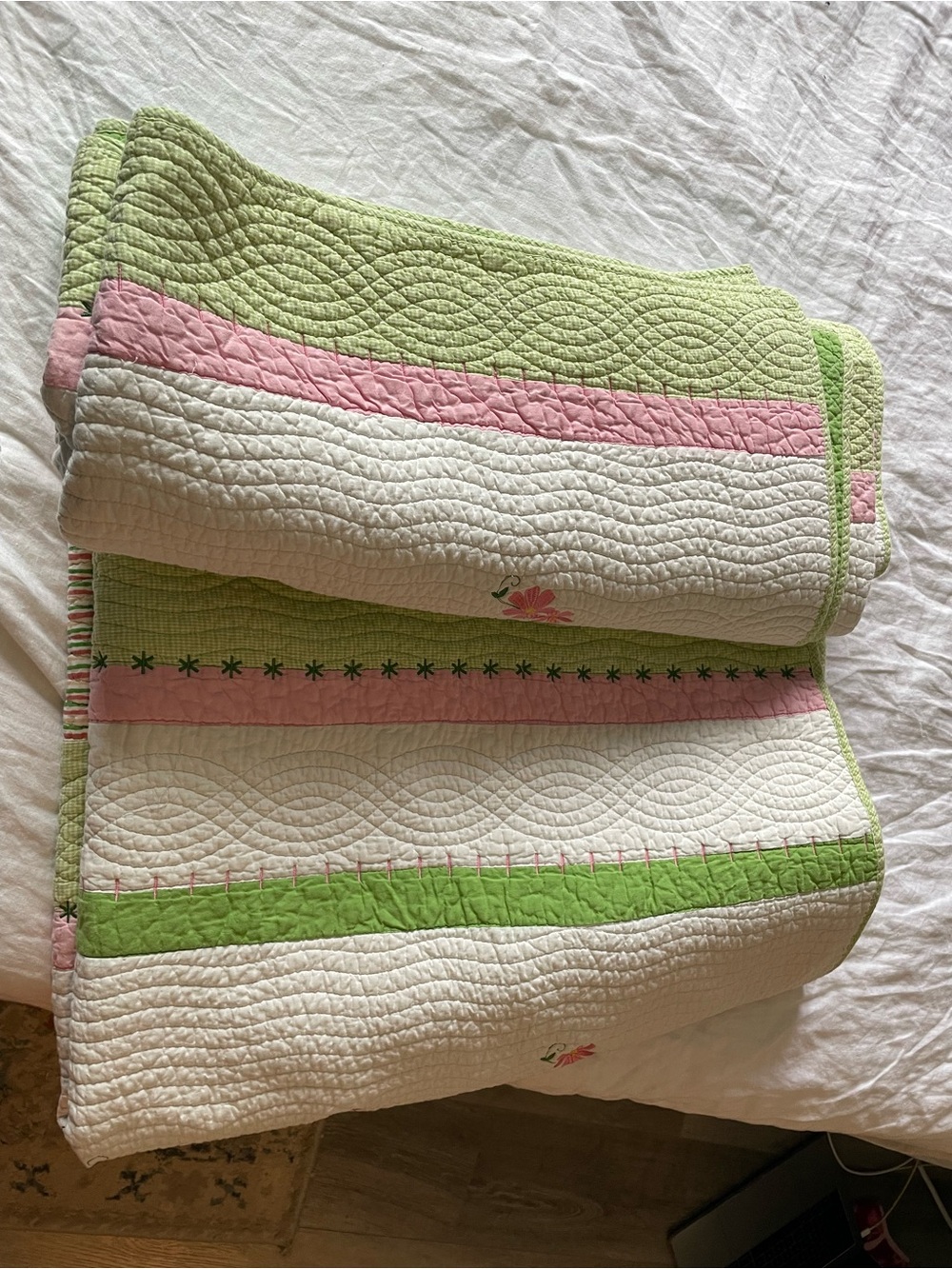 Striped and floral embroidered while queen size